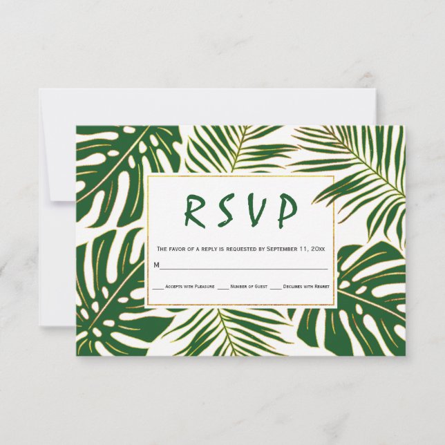Cartão RSVP Monstera tropical, palma deixa o casamento verde R (Frente)
