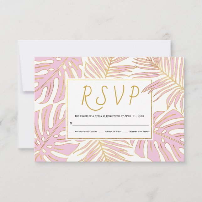 Cartão RSVP Monstera tropical, palma deixa rosa, casamento RSV (Frente)
