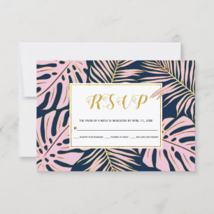 Cartão RSVP Monstera tropical rosa, casamento de marinho de fo