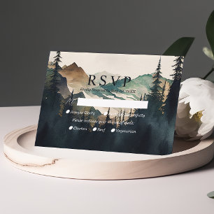 Cartão RSVP Montanhas Aquarela Floresta de Pinheiros Casamento