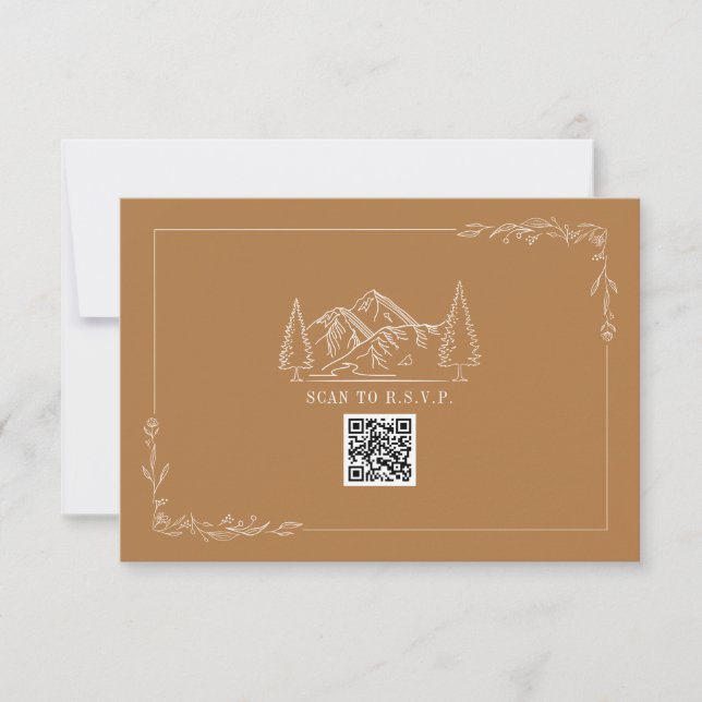 Cartão RSVP Montanhas Line Art Goldenrod Código QR Casamento R (Frente)
