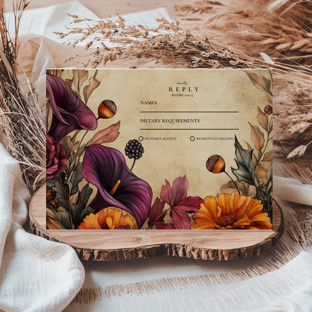 Cartão RSVP Moody Autumn Floral Wedding (Criador carregado)
