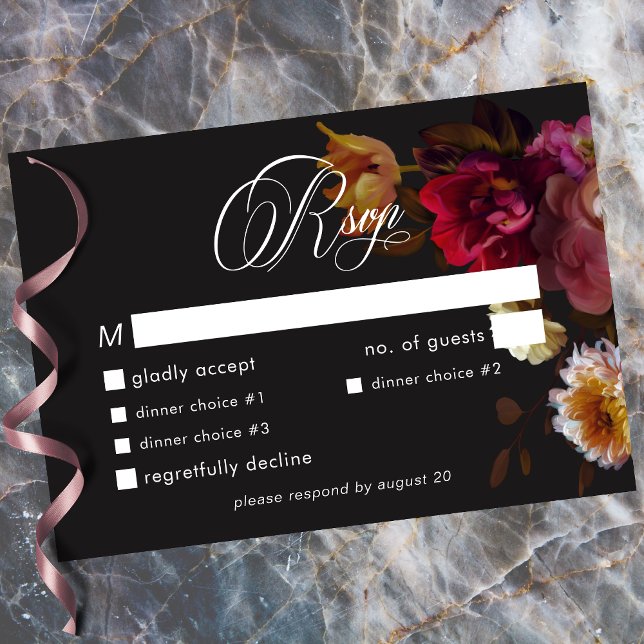 Cartão RSVP Moody Black Floral Painterly Red Burgundy Wedding (Moody Black Floral Painterly Red Burgundy Wedding RSVP Card)