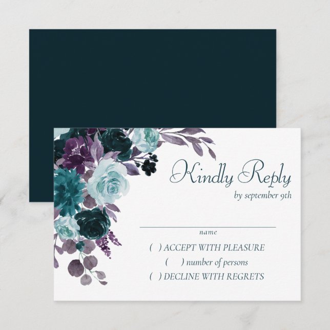 Cartão RSVP Moody Boho | Casamento Floral Teal Turquoise Dark (Frente/Verso)