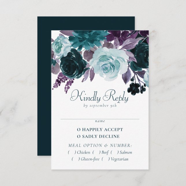 Cartão RSVP Moody Boho | Teal e EggPlant Purple Rosa (Frente/Verso)