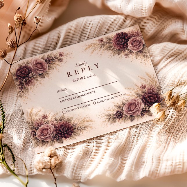 Cartão RSVP Moody Burgundy Floral Graduation Party (Criador carregado)