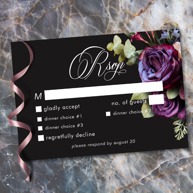 Cartão RSVP Moody Dark Floral Black Burgundy Romantic Wedding (Moody Dark Floral Black Burgundy Romantic Wedding RSVP Card)