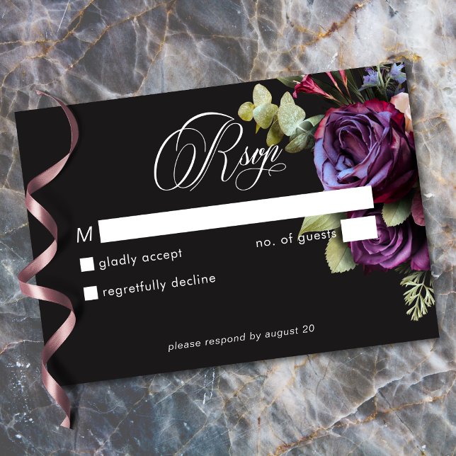 Cartão RSVP Moody Dark Floral Black Burgundy Romantic Wedding (Moody Dark Floral Black Burgundy Romantic Wedding RSVP Card)
