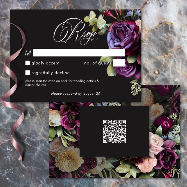 Cartão RSVP Moody Dark Floral Black Burgundy Romantic Wedding (Moody Dark Floral Black Burgundy Romantic Wedding QR RSVP Card)