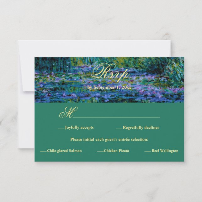 Cartão RSVP Moody Jewel Tone Monet Lily Pond Art Wedding Meal (Frente)