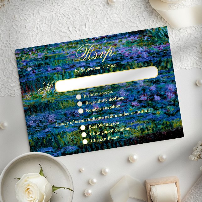 Cartão RSVP Moody Jewel Tone Monet Lily Pond Art Wedding Meal (Criador carregado)