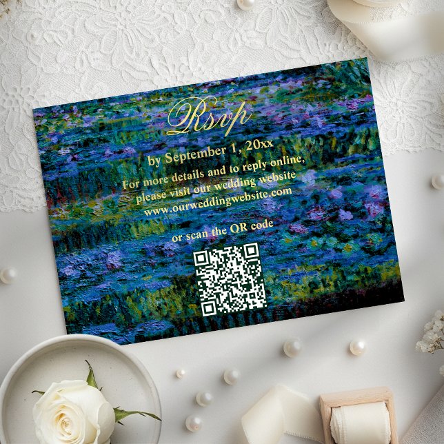 Cartão RSVP Moody Jewel Tone Water Lilies Wedding Website QR (Criador carregado)