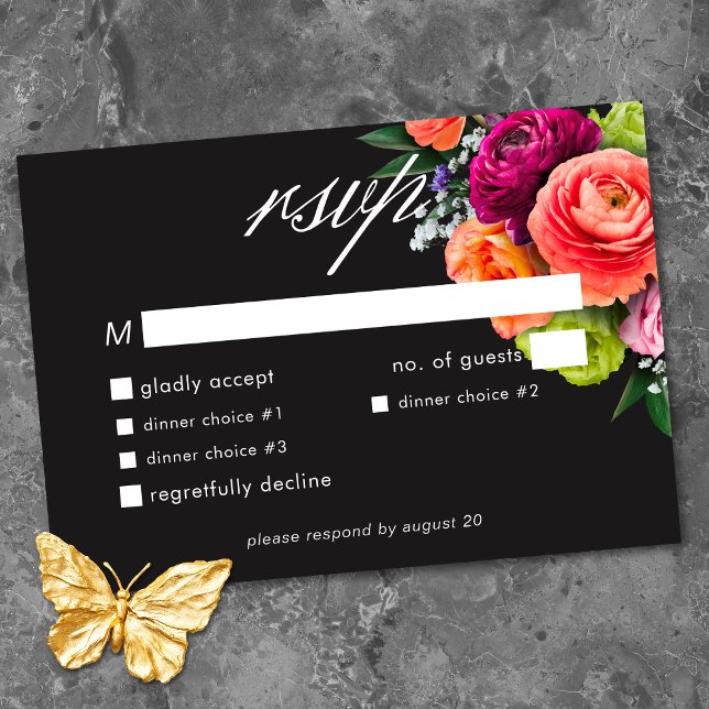 Cartão RSVP Moody Luxe Floral Vibrant Pink Black Wedding (Moody Luxe Floral Vibrant Pink Black Wedding RSVP Card)