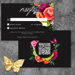 Cartão RSVP Moody Luxe Floral Vibrante Rosa Preto Casamento QR