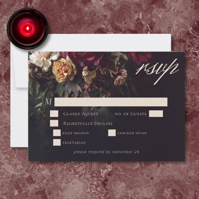 Cartão RSVP Moody Romantic Dark Floral Gothic Wedding (Criador carregado)