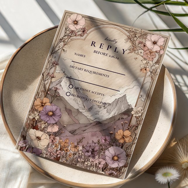 Cartão RSVP Moody Wildflower Mountain Wedding (Criador carregado)