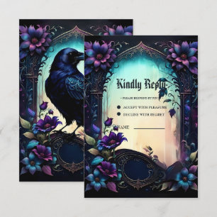 Cartão RSVP Moonlit Raven Suite de Casamento Floral Gótico.