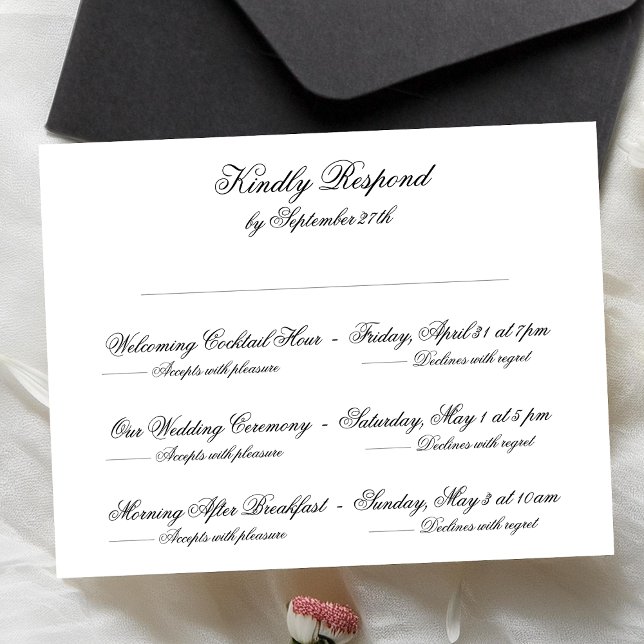 Cartão RSVP Multi-evento de casamento clássico preto e branco (Criador carregado)