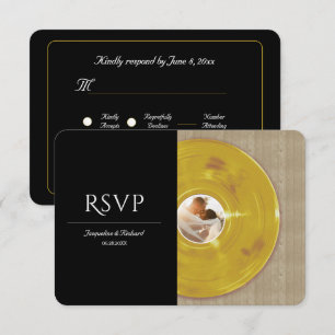 Cartão RSVP Música Retro Dourada Disco de Vinil Casamento