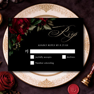 Cartão RSVP Na moda negro e gótico, casamento floral verde ver