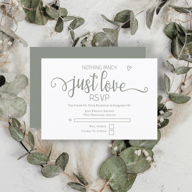 Cartão RSVP Nada Rico Apenas Ama Casamento Minimalista (Nothing Fancy Just Love Minimalist Wedding RSVP Cards from Ricaso. Sage green and white)
