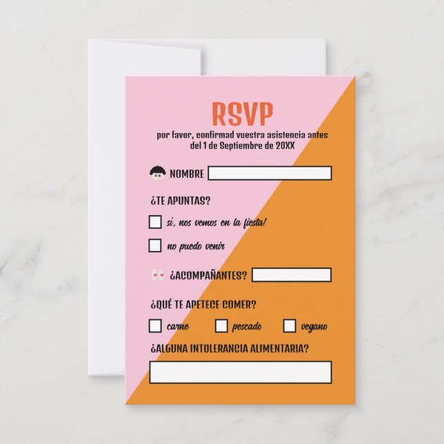 Cartão RSVP Naranja y Rosa Triangulo Comida Boda (Frente)