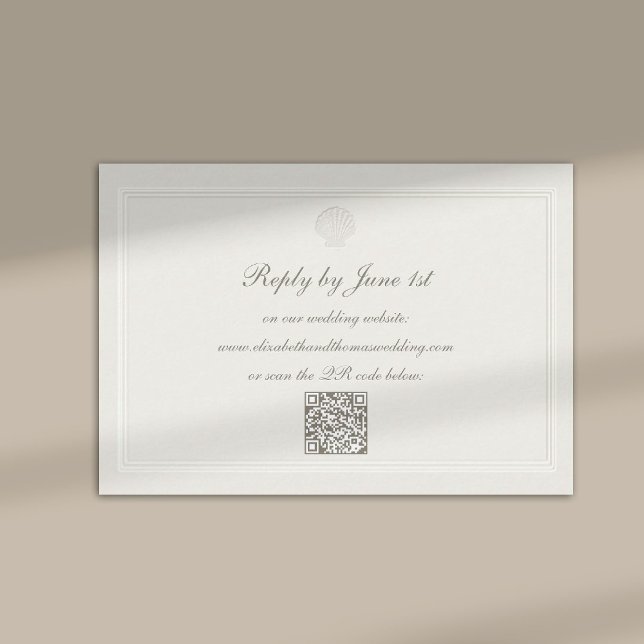 Cartão RSVP Nautical Coastal Shell Modern Classic QR Wedding (modern classic wedding rsvp card QR code frame ecru script calligraphy formal traditional elegant)