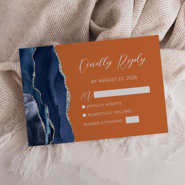 Cartão RSVP Navy Azul Prata Ágata Laranja Queimada Script  (Criador carregado)