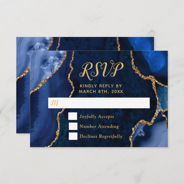 Cartão RSVP Navy Blue and Gold Agate Marble (Frente/Verso)