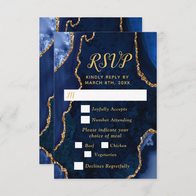 Cartão RSVP Navy Blue and Gold Agate Wedding Meal Choice (Frente/Verso)