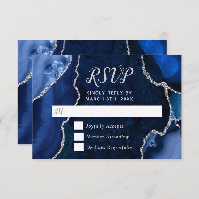 Cartão RSVP Navy Blue and Silver Agate Marble (Frente/Verso)