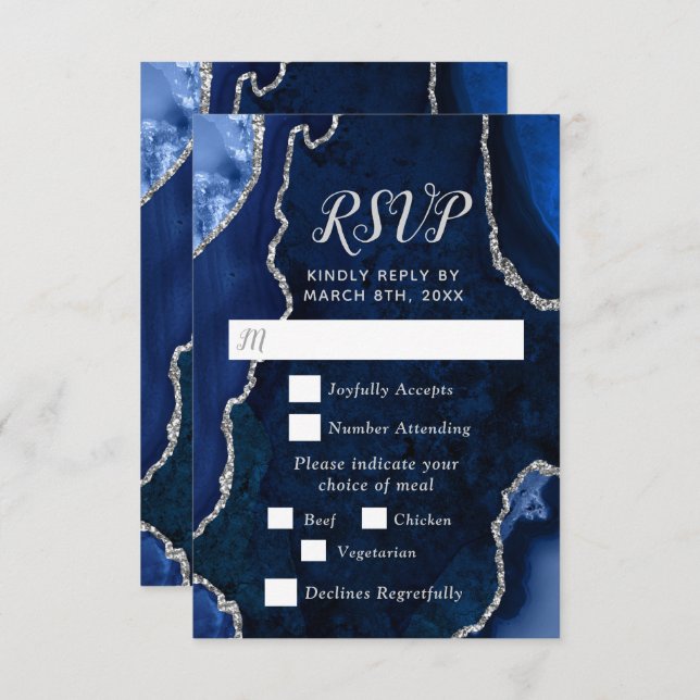 Cartão RSVP Navy Blue and Silver Agate Wedding Meal Choice (Frente/Verso)