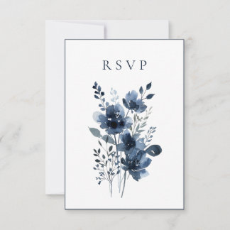 Cartão RSVP Navy Blue Botanical Wedding