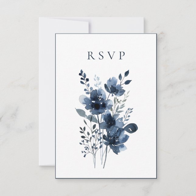 Cartão RSVP Navy Blue Botanical Wedding (Frente)