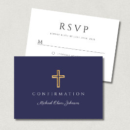 Cartão RSVP Navy Blue Boy Religious Cross Confirmation