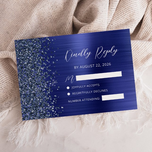 Cartão RSVP Navy Blue Brushed Metal Glitter Script Wedding (Criador carregado)