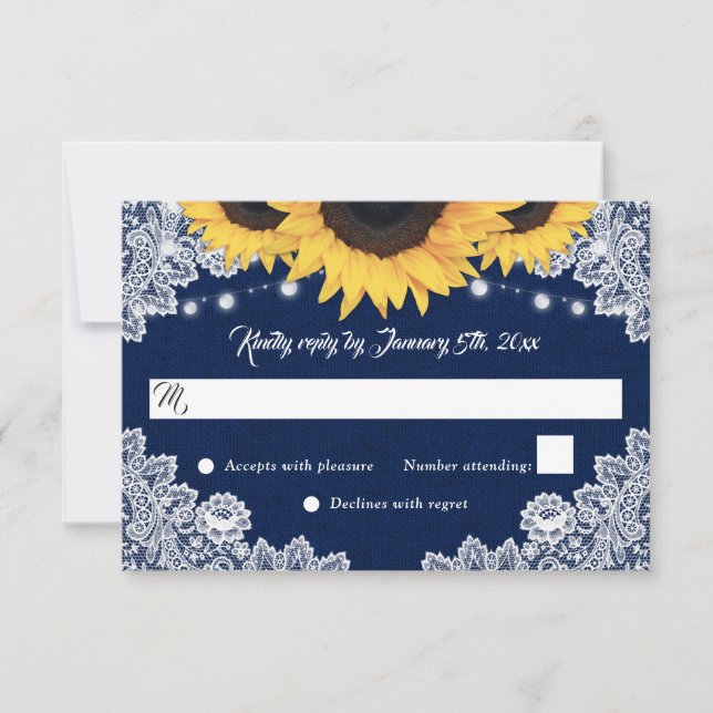 Cartão RSVP Navy Blue Burlap Floral Lace Sunflower Wedding (Frente)