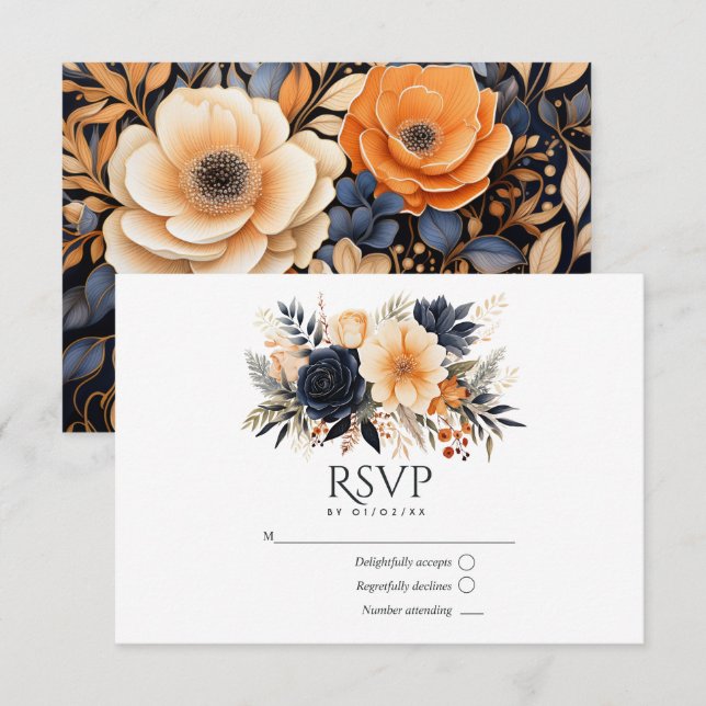 Cartão RSVP Navy Blue, Burnt Orange & Champagne Floral Wedding (Frente/Verso)