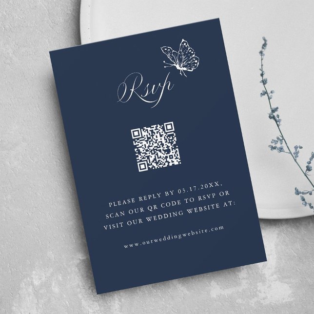 Cartão RSVP Navy Blue Elegant Calligraphy Wedding QR Code (Criador carregado)