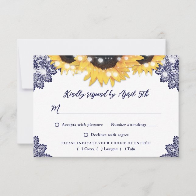 Cartão RSVP Navy Blue Rustic Lace Sunflower Wedding (Frente)