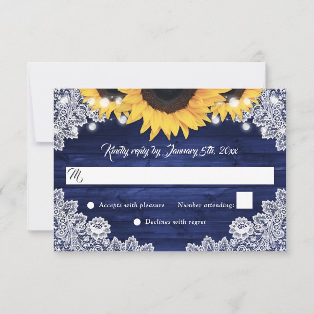 Cartão RSVP Navy Blue Rustic Wood Lace Sunflower Wedding (Frente)