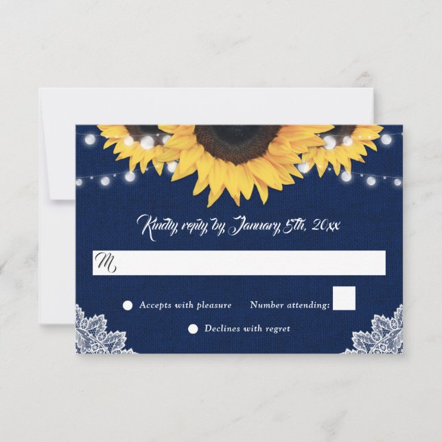 Cartão RSVP Navy Blue Sunflower Burlap String Lights Wedding (Frente)
