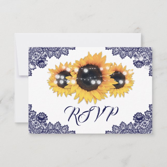 Cartão RSVP Navy Blue Sunflower Floral Lace Wedding (Frente)