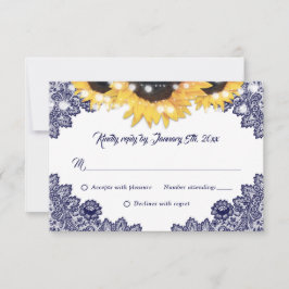 Cartão RSVP Navy Blue Sunflower Lace Burlap Hearts Wedding