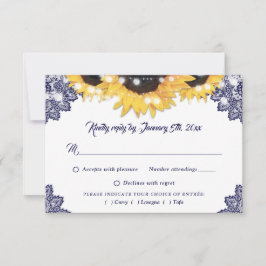 Cartão RSVP Navy Blue Sunflower Lace Wedding Meal Choice