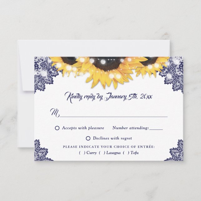 Cartão RSVP Navy Blue Sunflower Lace Wedding Meal Choice (Frente)