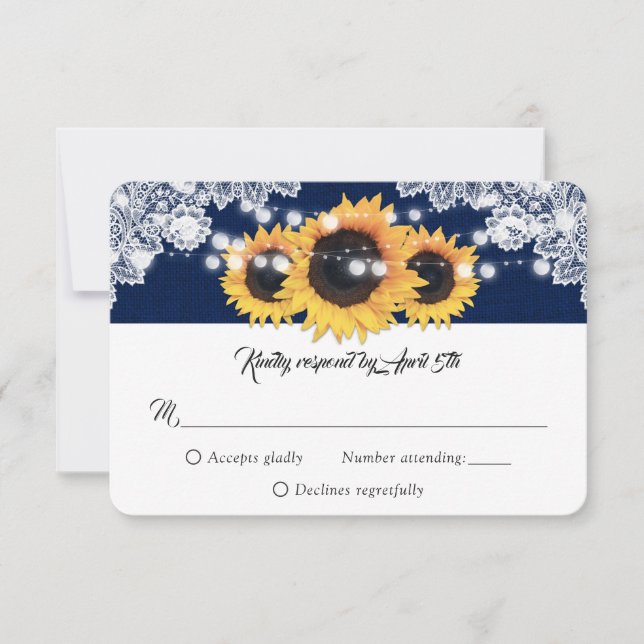 Cartão RSVP Navy Blue Sunflower String Lights Burlap Wedding (Frente)