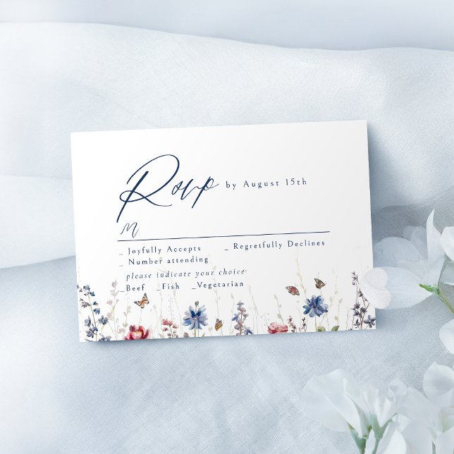 Cartão RSVP Navy Blue Watercolor Wildflower Rustic Wedding (Navy Blue Watercolor Wildflower Rustic Wedding RSVP Card)