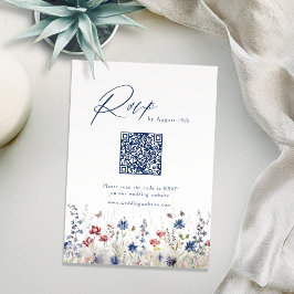 Cartão RSVP Navy Blue Wildflower Rustic Wedding QR code