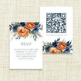 Cartão RSVP Navy Burnt Orange Florals Wedding 